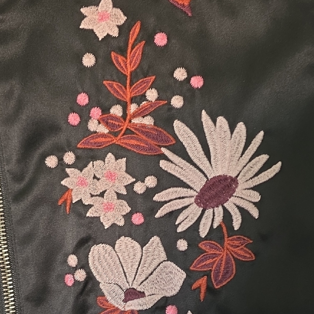Xhilaration Black Bomber Jacket with Pink Floral Embroidery